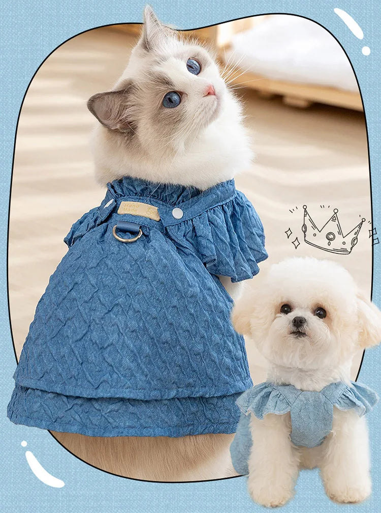 Denim Dog Dresses for Small Dogs Puppy Girl Clothes with Leash Ring Flying Sleeves Summer Cat Apparel Blue Chihuahua Outfits