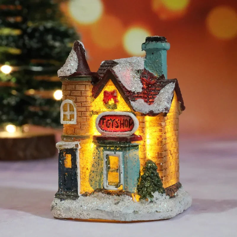 Christmas Decoration House LED Light Xmas Durable Ornaments Small Resin Mini House Miniature Village Building for Home Kids Gift