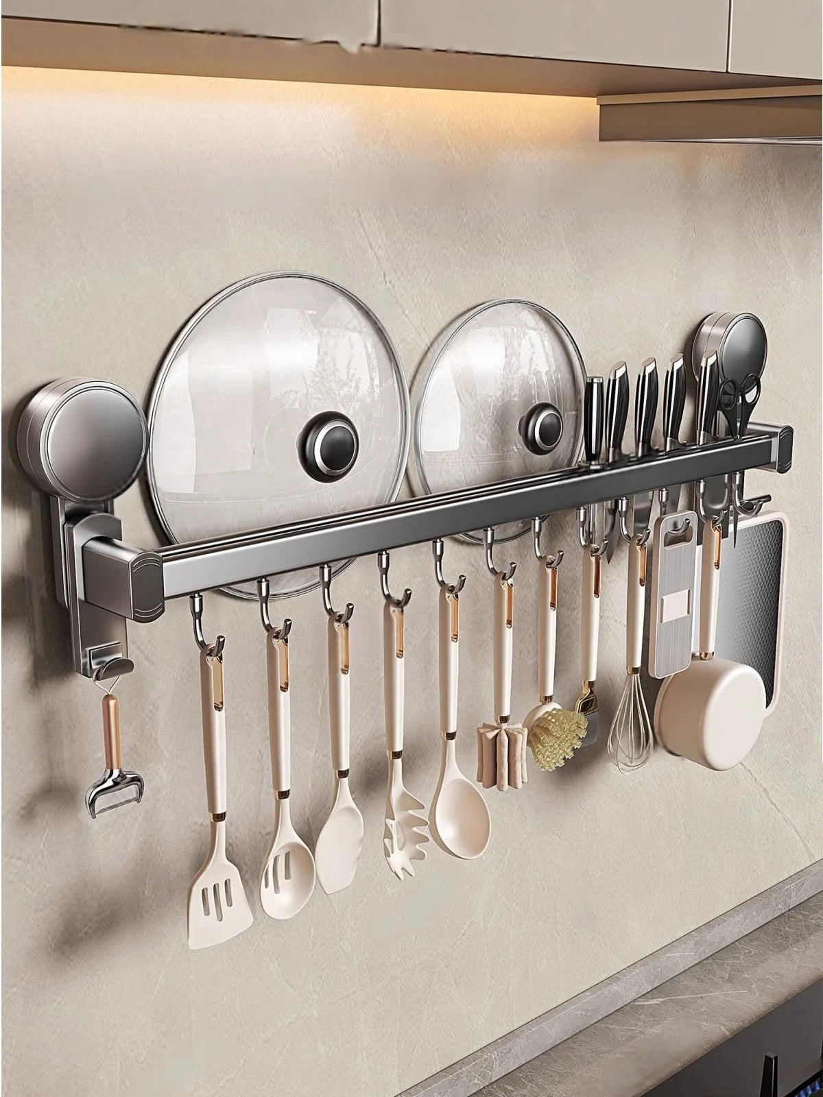 Grey Wall Mounted No-Punch Large Capacity Storage Utensils Metal Kitchen Shelf Skeletonized Drainage Design Easy To Clean