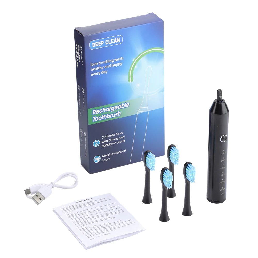 Electric Sonic Toothbrush 2-Minute Smart Timer 6 Modes  Deep Clean With 4 Brush Heads Oral Care Rechargeable for Adults