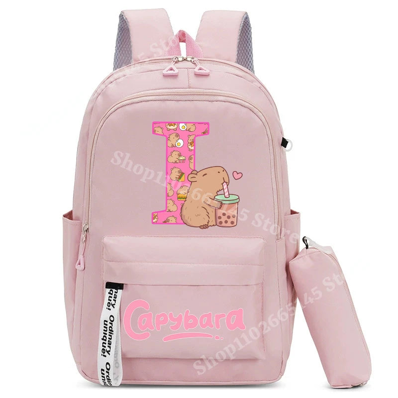 Cute Capibara Kids Backpack with Pencil Case Capybara Kawaii Girls School Bag Stationery Pouch Children Letter A-Z Rucksack Gift