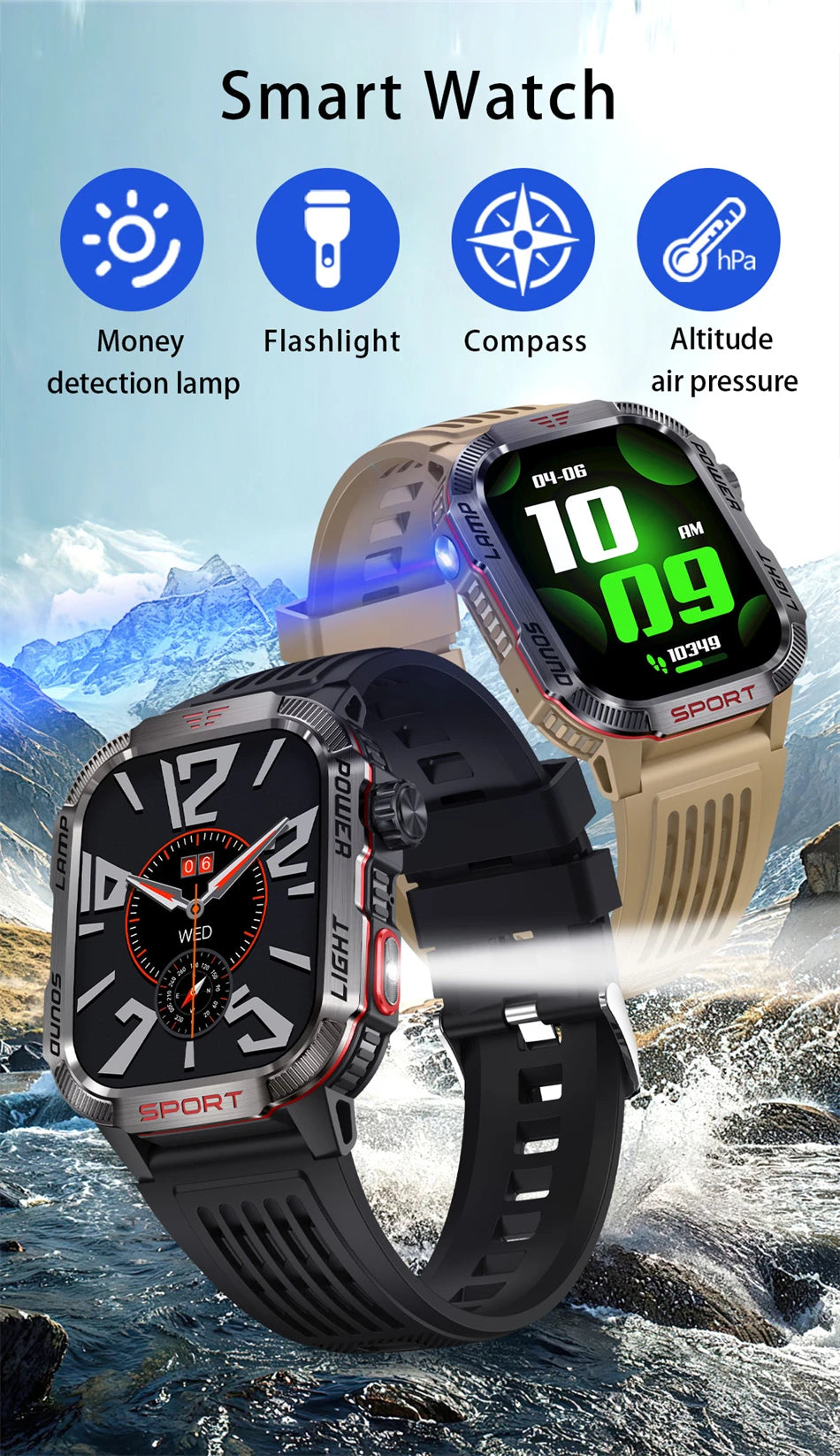 New Military GPS Smart Watch Men Flashlight Compass Waterproof 600mAh Battery Outdoor Sport Tracker Bluetooth Call Smartwatch