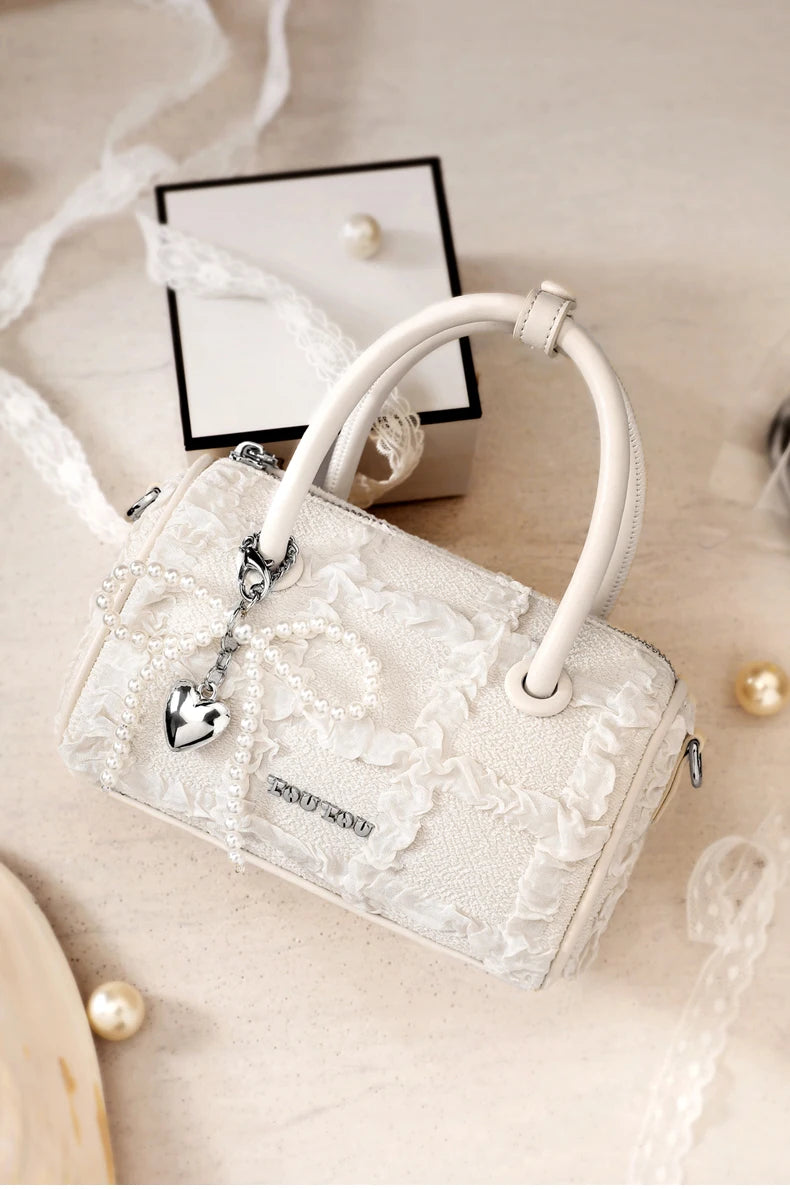 TOUTOU Women Boston Bowling Bag Charm Original Designer Brand White Handbag Adjustable Shoulder Strap Teacher Christmas Gift