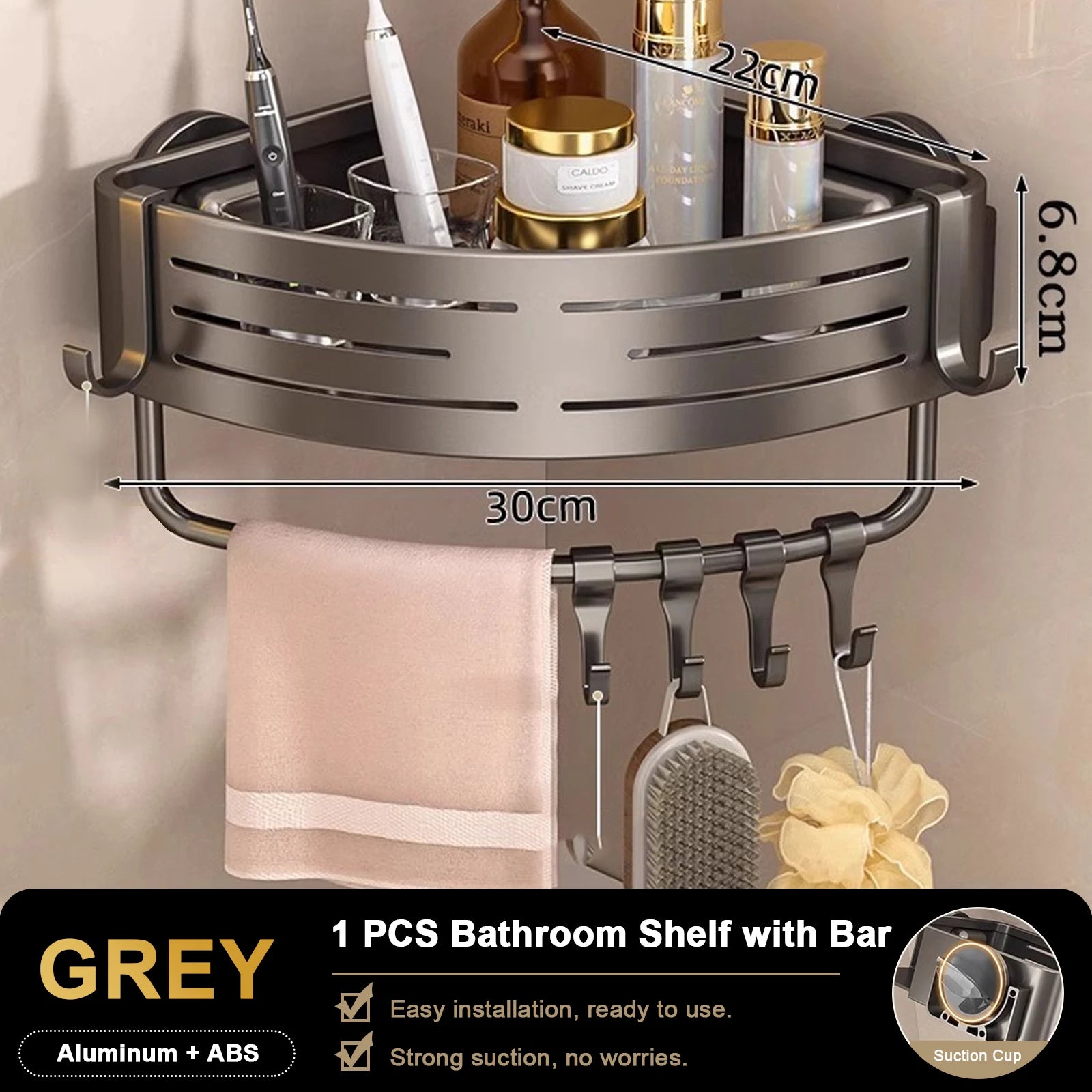 Triangular Shower Shelf with Hooks Suction Cup No Drill Bathroom Organizer Aluminum Corner Rack for Shampoo Soap Kitchen Storage