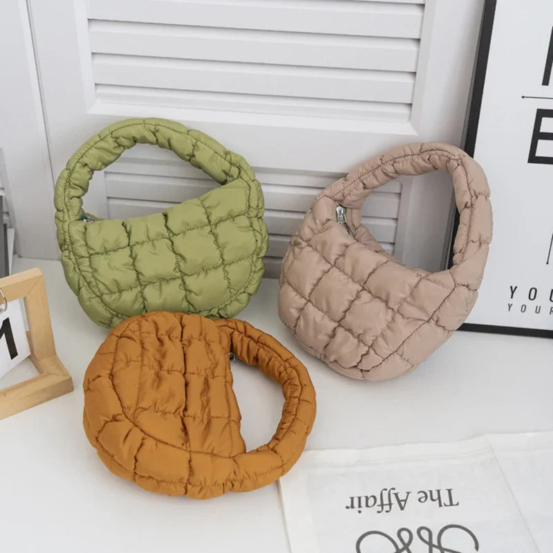 Candy bag Fashion Mini Puffer Tote Bag Quilted Circle Phone Purse  Elegant  Soft Nylon Padded Key Pouch Simple Trend Handbag