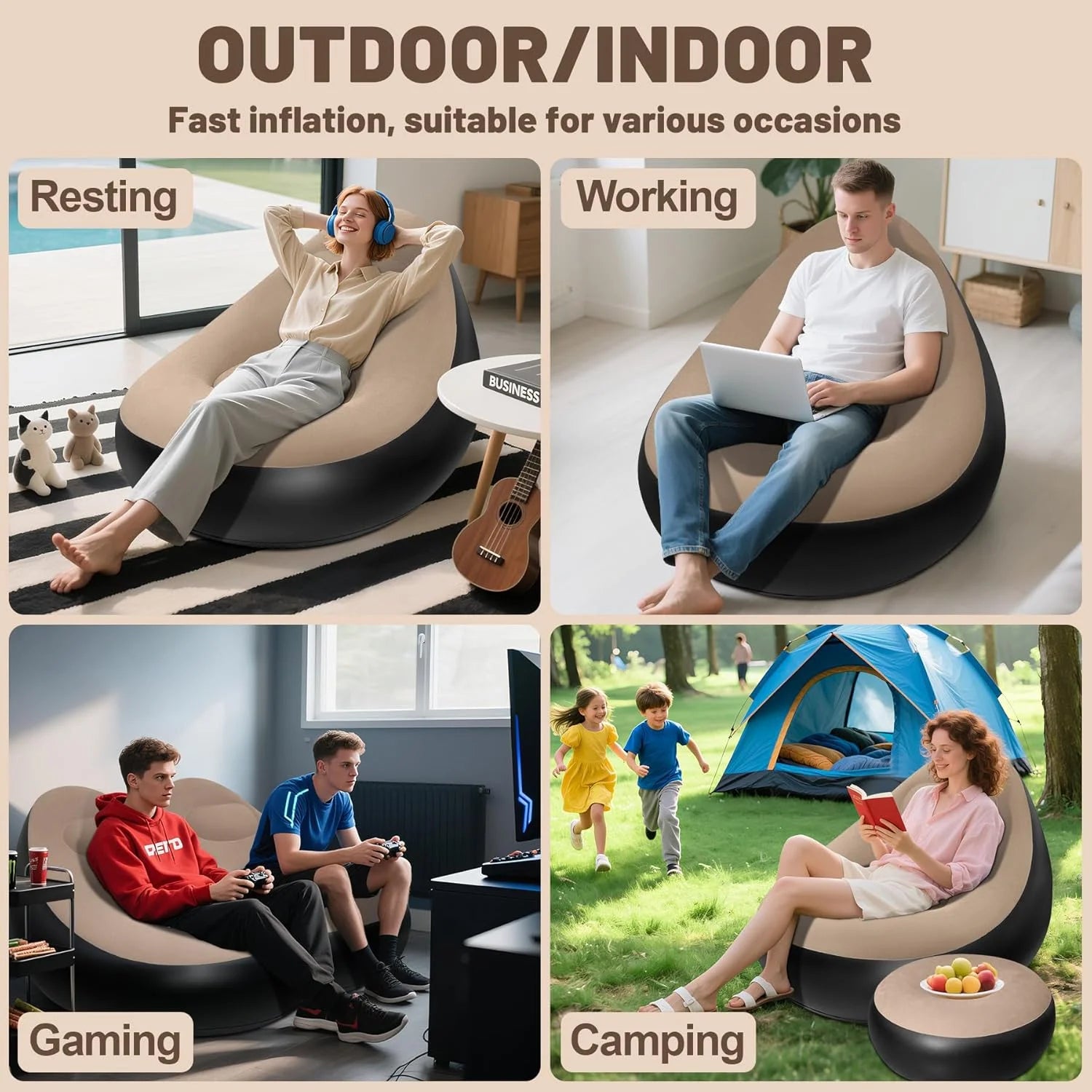 Lazy Sofa Inflatable Chair Folding Recliner (Sofa + Footrest) Outdoor Sofa Bed with Footrest Indoor and Outdoor Portable Folding Air Mattress Nap Leisure Chair Set