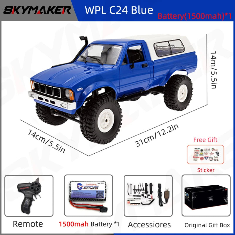 WPL C24-1 Full Scale RC Car 1:16 2.4G 4WD Rock Crawler Electric Buggy Climbing Truck LED Light On-road 1/16 For Kids Gifts Toys
