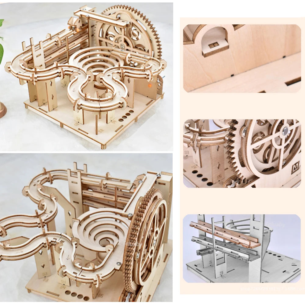 3D Wooden Puzzle DIY Mechanical Manual Model  Building Kits Assemble Toys Marble Run Set with 4 Ball for Adult Kids Gifts