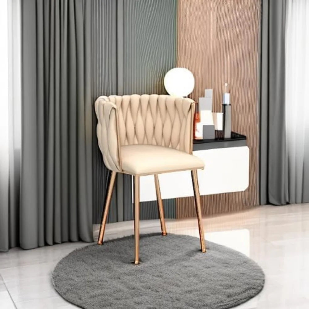 Velvet Dining Chairs Set of 2, Woven Upholstered Dining Chairs with Gold Metal Legs, Modern Accent Chairs for Living Room,