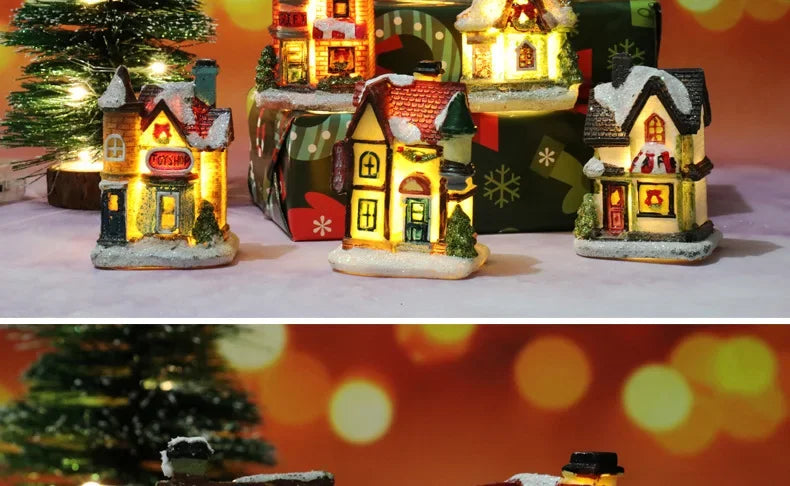 Christmas Decoration House LED Light Xmas Durable Ornaments Small Resin Mini House Miniature Village Building for Home Kids Gift