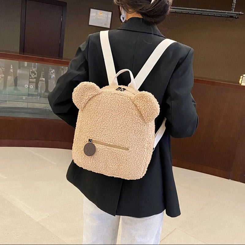 Cute Bear Ear Plush Backpack for Kids Adult Lamb Fleece Shoulder Bag High-capacity Korean Parent-Child Bags Boys Girls Backpacks