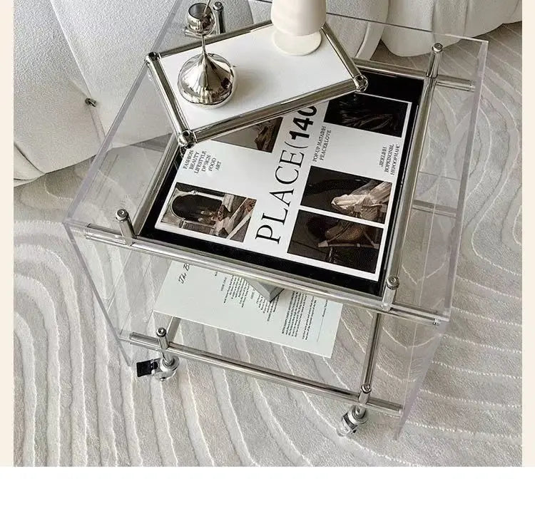 Acrylic Side Table Transparent Trolley Style Living Room Coffee Table Storage Cabinet Mobile Bedside Table Minimalist