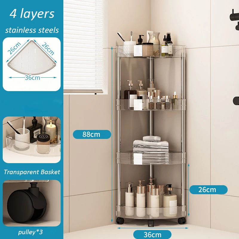 Fashion Rack Multi-Layer Transparent Bathroom Shelf Washbasin Storage Trolley Easy-Move Corner Space-Saving Toilet Rack