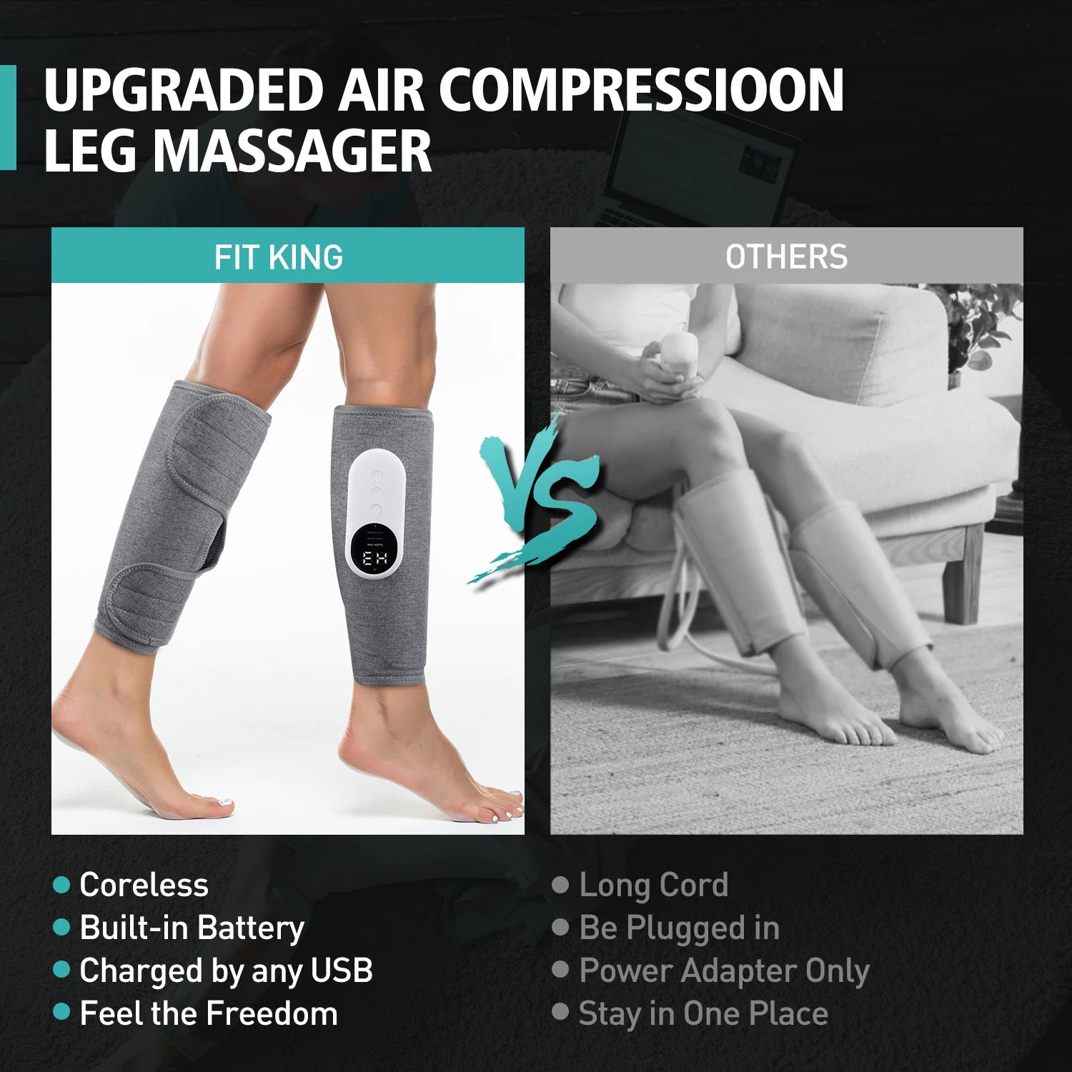 Electric Wireless Pneumatic Calf Massager 360° Leg Arm Massage 3 Mode Hot Compress Heated Foot Muscle Relax