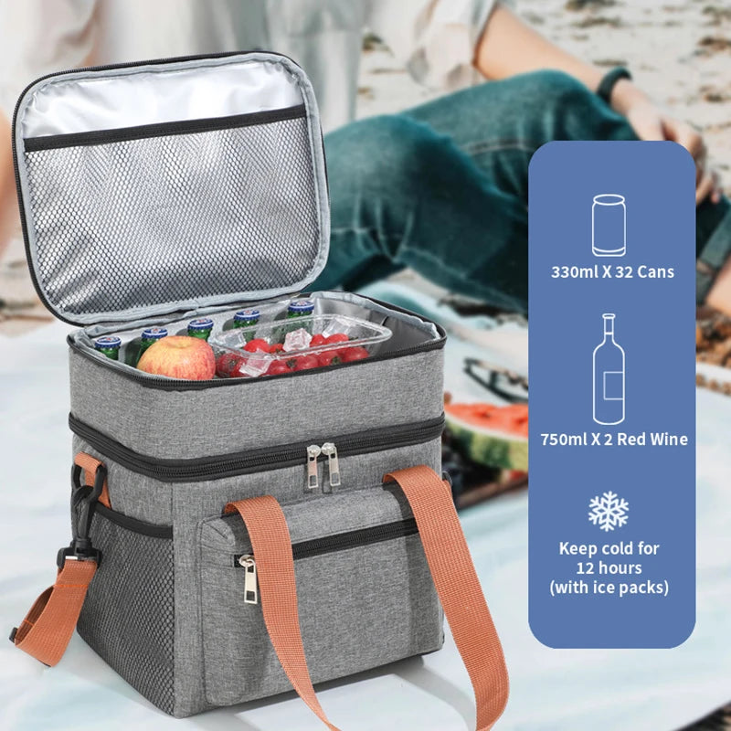 1PC Large Capacity Lunch Bag Double Layers Thermal Insulation Picnic Bag Food Drink Storage Tote With Shoulder Strap Cooler Bags
