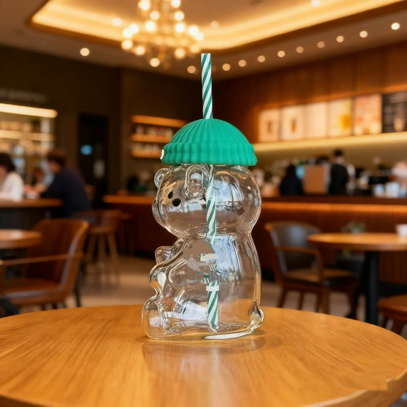 "Barista Bear Tumbler: Clear Bear Straw Cup, Perfect for Hot & Cold Drinks – The Cutest New Drinkware Trend"