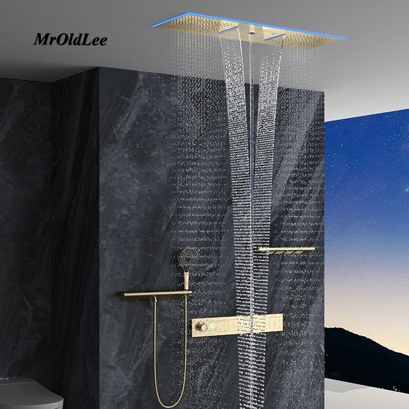 Luxury Ceiling Shower System Set Concealed Thermostatic Brass Digital Display Hydro Generator Rainfall  with Light and Bluetooth