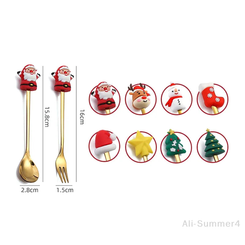 2/4/6Pcs Christmas Fork And Spoon Set,Stainless Steel Creative Tableware,Coffee Tea Dessert Forks And Spoons Gift Set