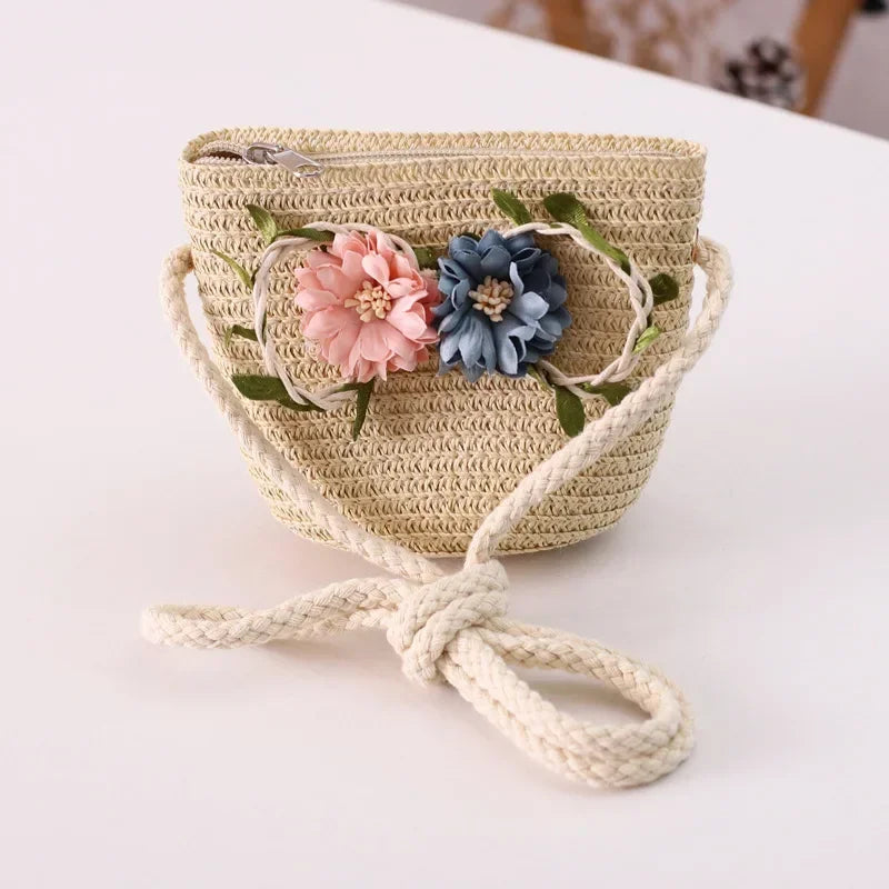 Crossbody Bag New Summer Children Beach Flower Straw Bag 3-7 Old Years Lovely Kids Holiday Travel Beach Bags
