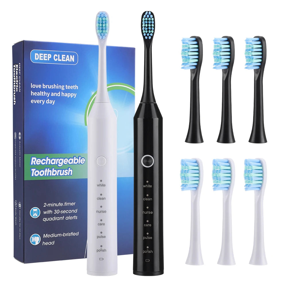 Electric Sonic Toothbrush 2-Minute Smart Timer 6 Modes  Deep Clean With 4 Brush Heads Oral Care Rechargeable for Adults