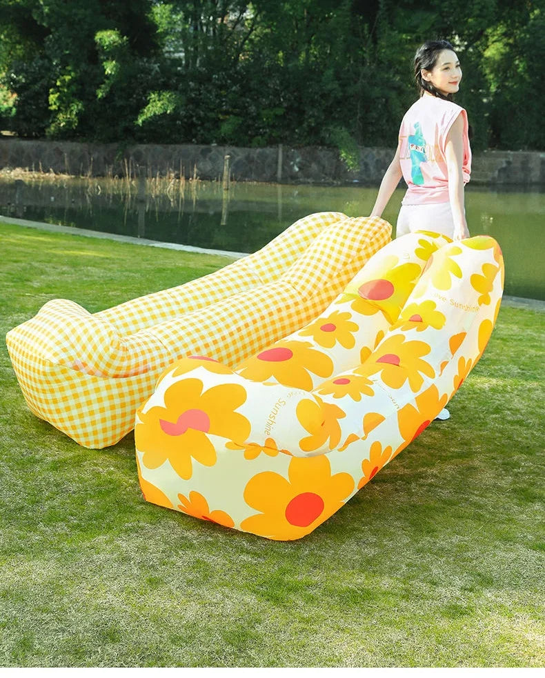 Outdoor Lazy Non Inflatable Sofa Folding Portable Air Cushion Bed Picnic Camping Yellow White Air Bed