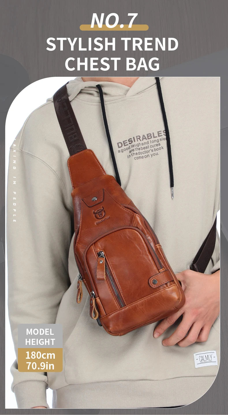Bullcaptain Leather Large Capacity Chest Bag Men's Shoulder Bag with USB Port for Outdoor Casual Activities