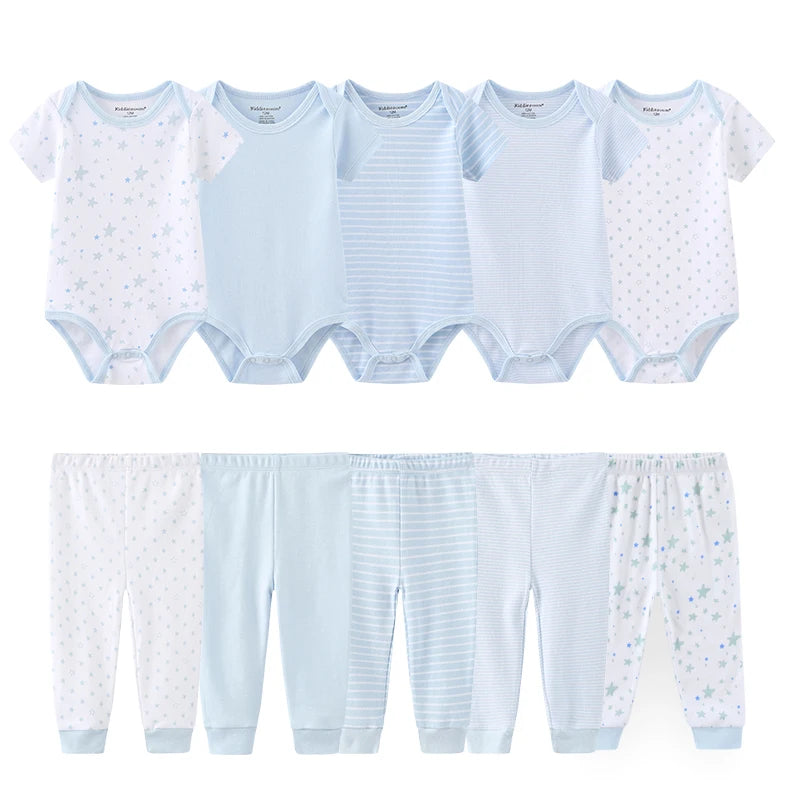 Kiddiezoom 10 Pcs/Lot Four Seasons Fashion Unisex Baby Boy Girl Clothing Set Soft Newborn Bodysuits+Pants Infant Outfit Gift