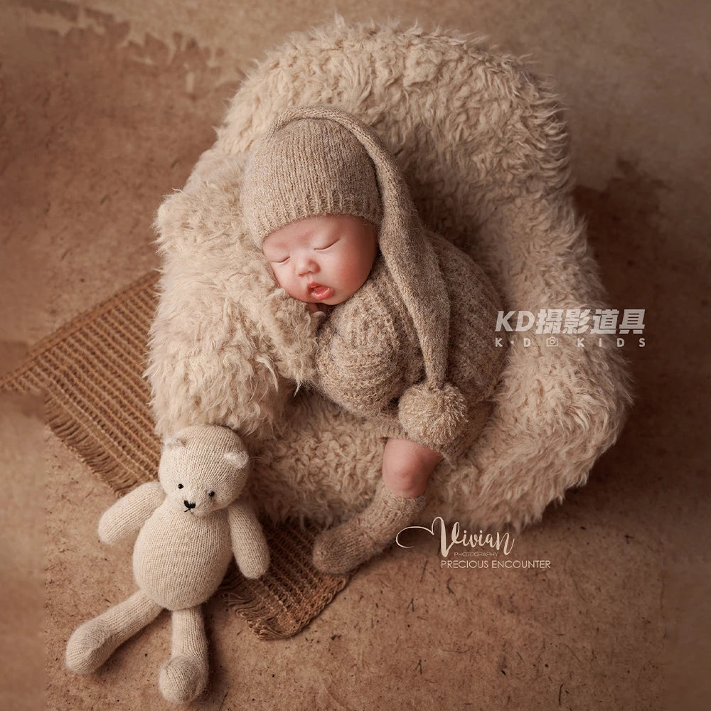 0-1 Month Newborn Photography Scenes Props Knitted Baby Costume Set Teddy Bear Doll Coffee Maker Props Studio Photo Accessories