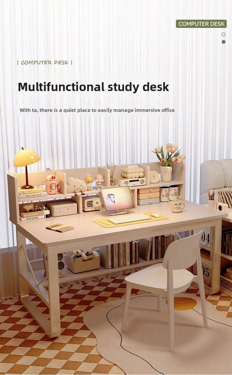 Solid Wood Computer Desk Household Desk Bookshelf Integrated Student Learning Desk Rental House Simple Office Table and Chair