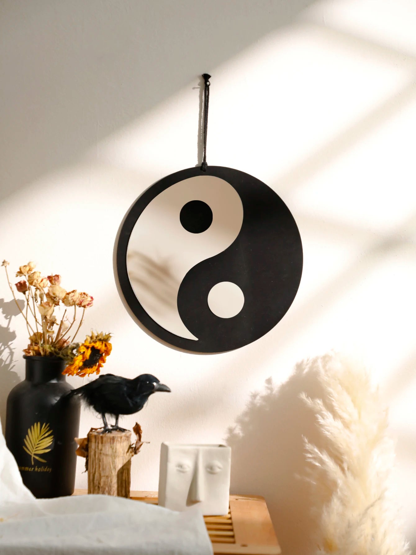 Wooden Mirror Home Decor Boho Wall Mirrors for Living Room Bedroom Tai Chi Yin Yang Wood Mirrors Room House Feng Shui Decoration