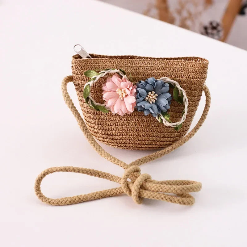 Crossbody Bag New Summer Children Beach Flower Straw Bag 3-7 Old Years Lovely Kids Holiday Travel Beach Bags