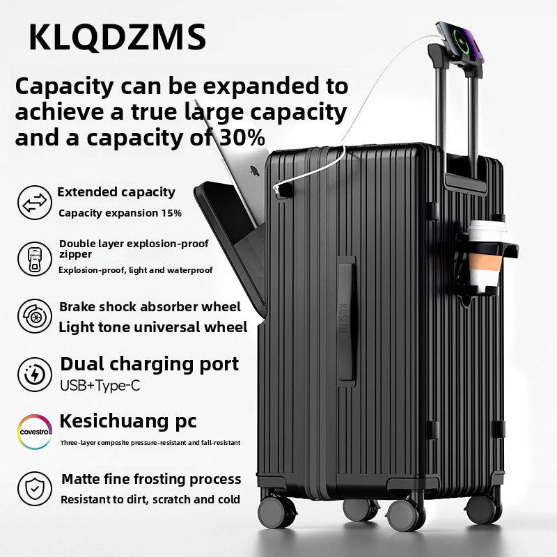 KLQDZMS Cabin Suitcase 20"22"24"26"28"30 Inch Large Capacity Trolley Case USB Charging Boarding Box Front Opening Luggage