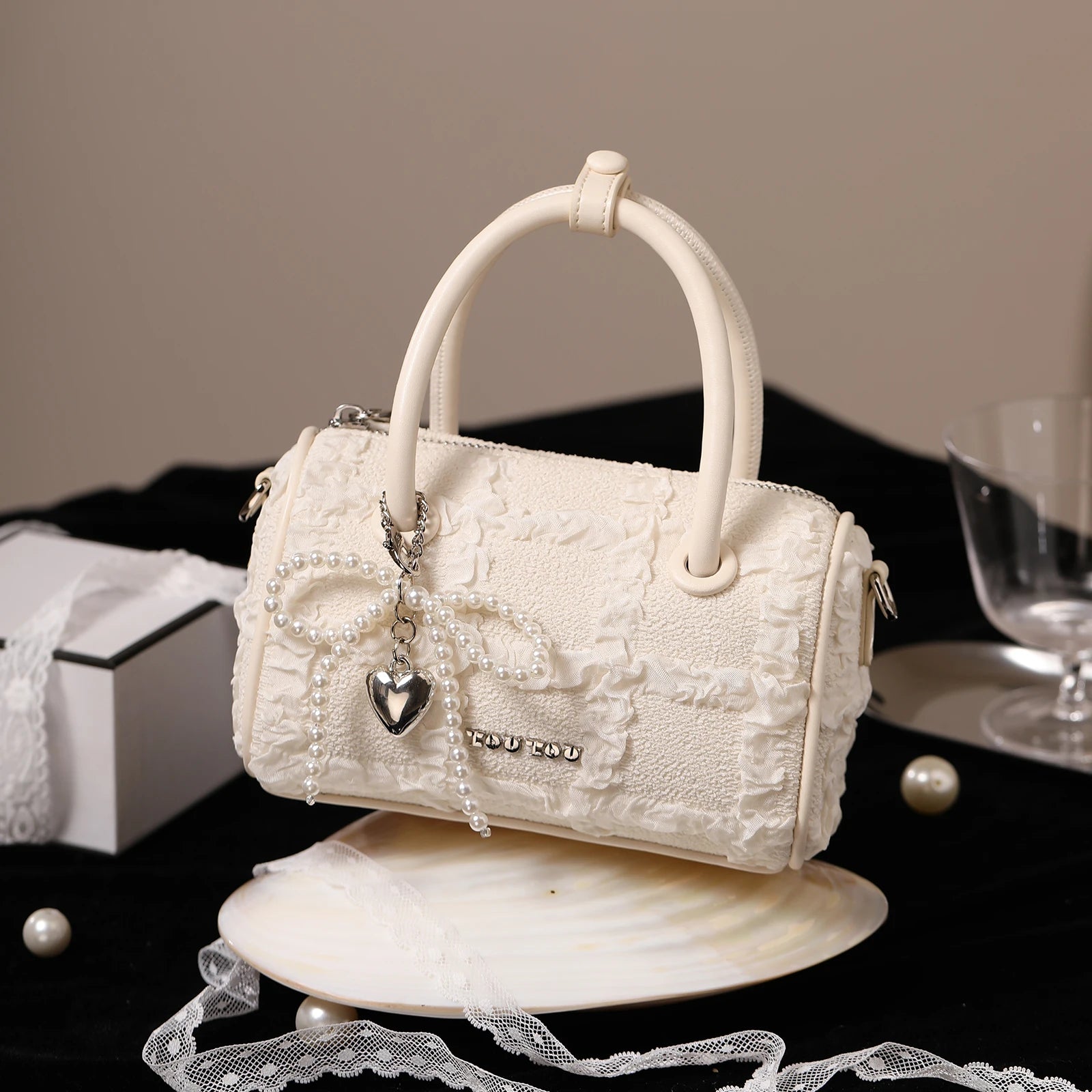 TOUTOU Women Boston Bowling Bag Charm Original Designer Brand White Handbag Adjustable Shoulder Strap Teacher Christmas Gift