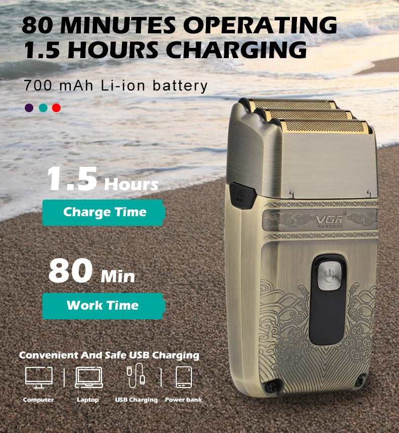 VGR Shaver Professional Electric Razor Shaving Machine Waterproof Beard Trimmer Metal Razor Digital Display Shaver for Men V-335