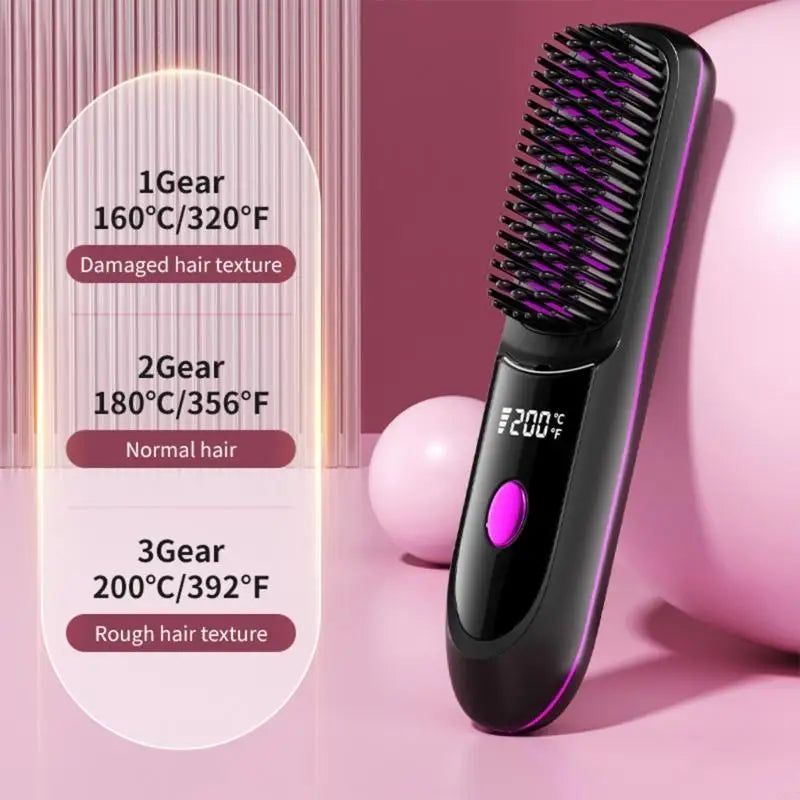 G8TC Cordless Hair Straightener Brush Fast Heating 3 Gear Adjustable Temperature USB Rechargeable Hair Straightening Comb
