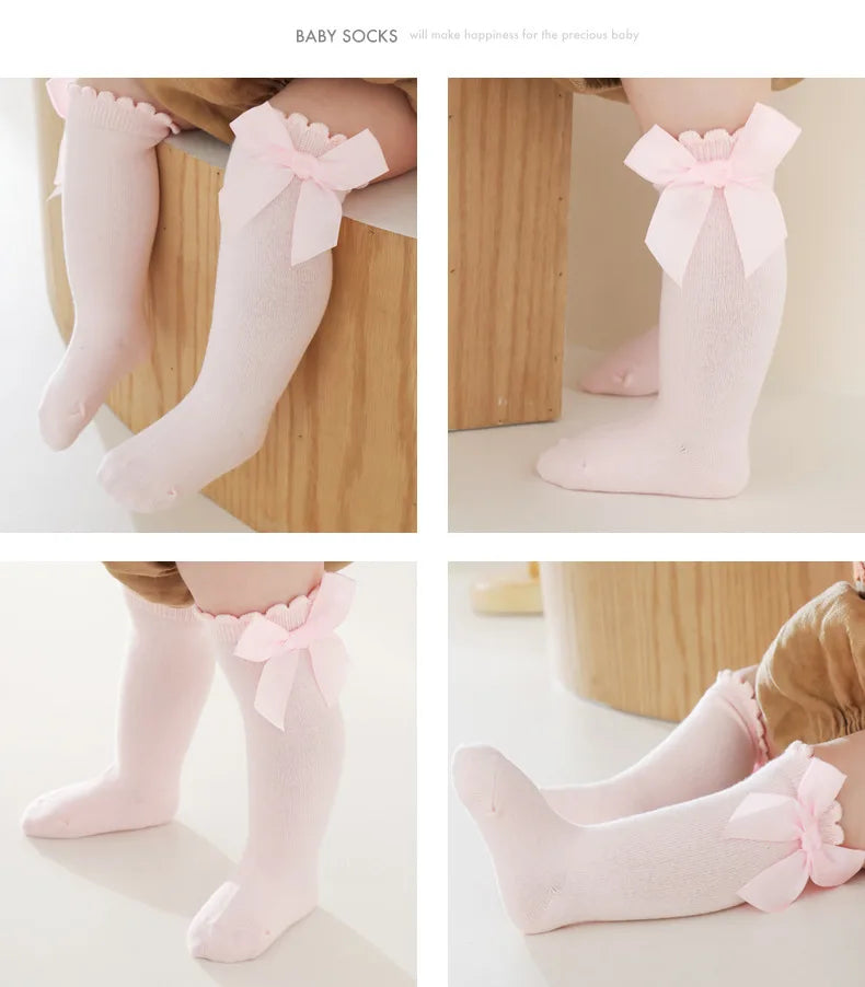 Baby Girls Bow Knee High Socks Cute Kids Girl Student Princess Sock Children Solid Color Cotton Socks Infant Newborn Clothing