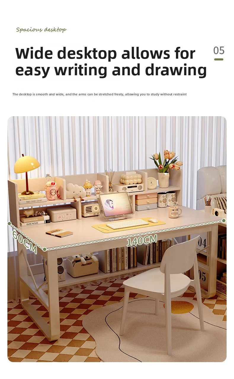 Solid Wood Computer Desk Household Desk Bookshelf Integrated Student Learning Desk Rental House Simple Office Table and Chair