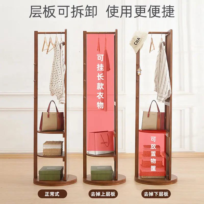 Solid Wood Full Body Floor Mirror for Home Bedroom Rotatable Movable Dressing Room Mirror with Clothes Hanger