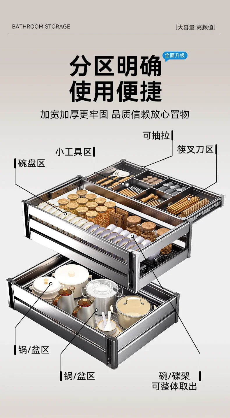 Kitchen Cabinets Dish Baskets Double Drawer Bowl Rack Seasoning Storage