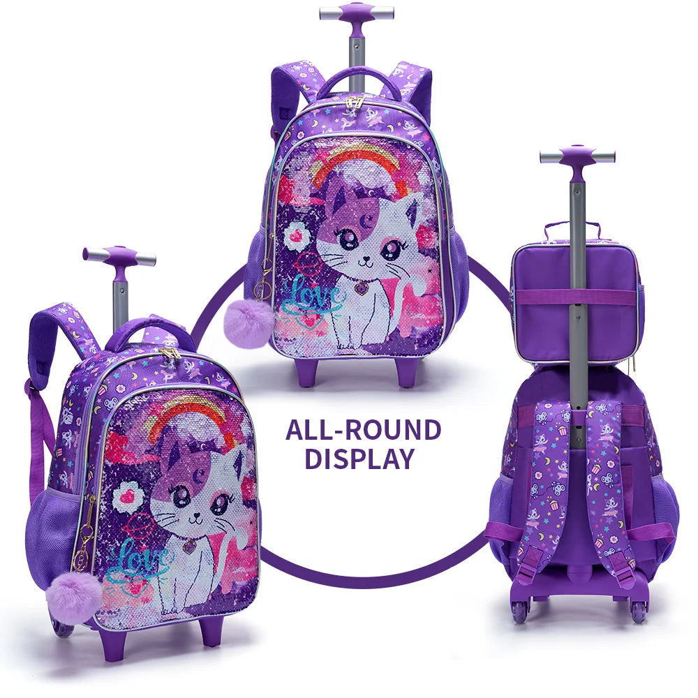 3PCS set Rolling Backpack For Girls, Cute Cartoon Cat Sequin Wheeled Bookbag For Elementary Students, With Lunch Box And Pen Bag