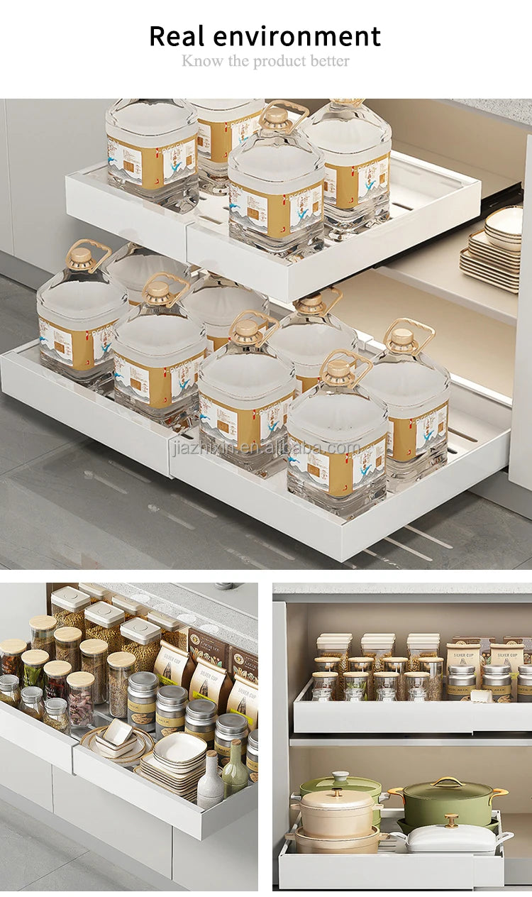 Household Metal White Adjustable Pull Out Kitchen Cabinets Mesa Slide Spice Rack Tableware Storage Drawers Organization Basket