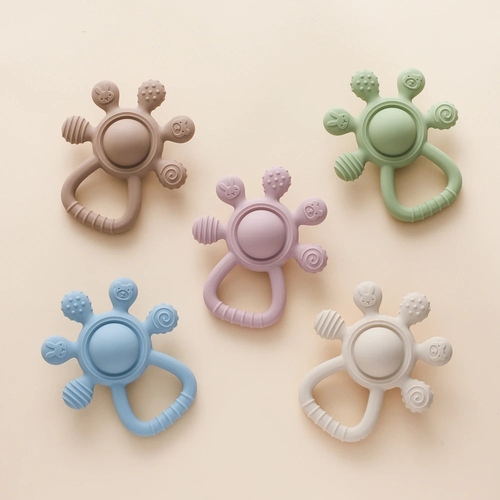 BPA Free Silicone Teether Food Grade Baby 0-12 Toys Teething Rattle Sensory Toys for Toddlers Silicone Hand Bell Soothing Toys