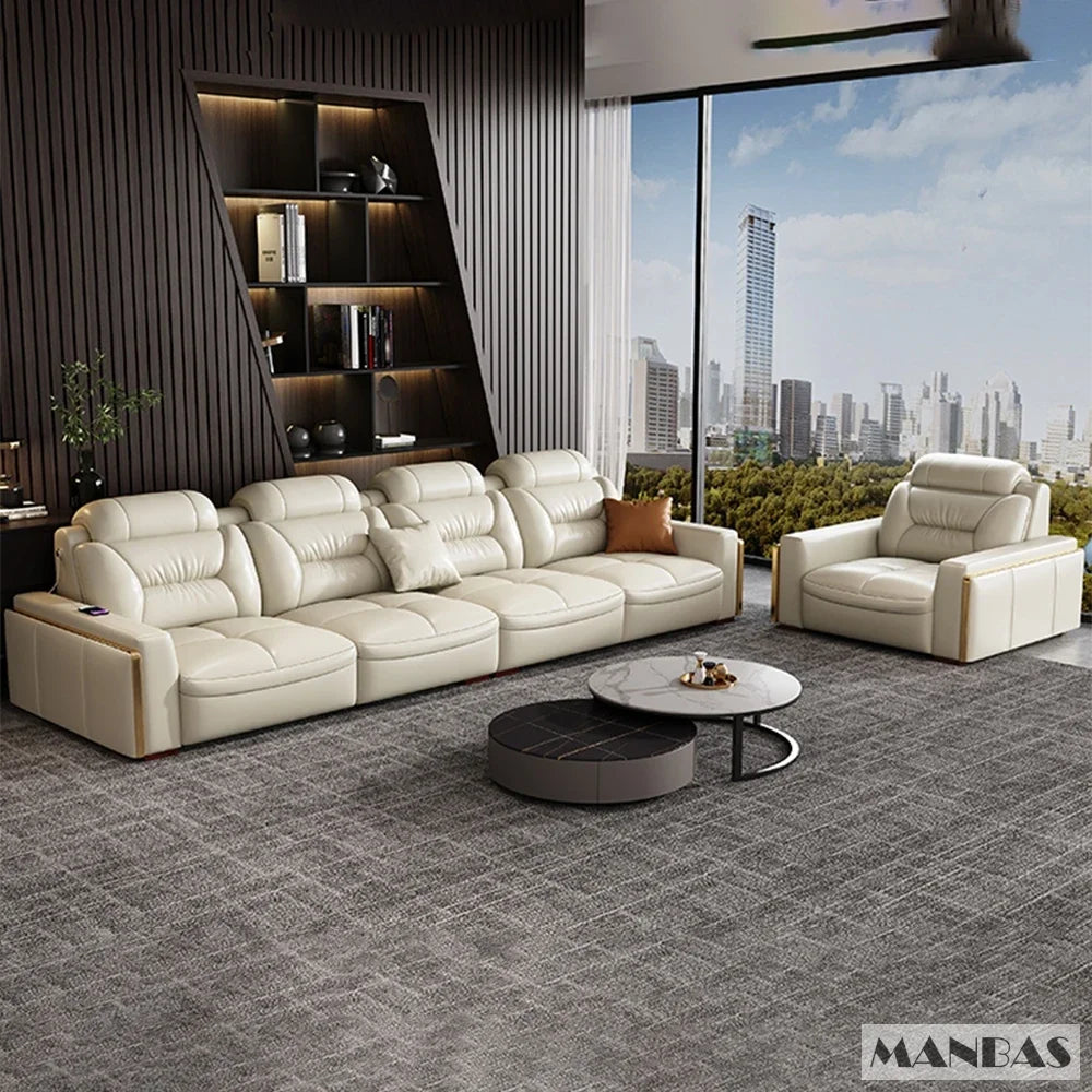 Premium Italian Genuine Leather Sectional Sofa Sets Couch Sofas with USB and Bluetooth Speaker - MANBAS Living Room Furniture