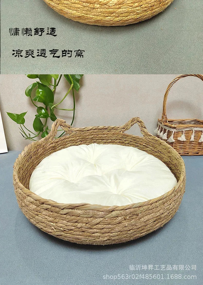 Rattan Weaving Cat Basket Bed With Soft Cushion Round Donut Design Cozy Warm Comfortable Sleeping Nest For Cats And Dogs