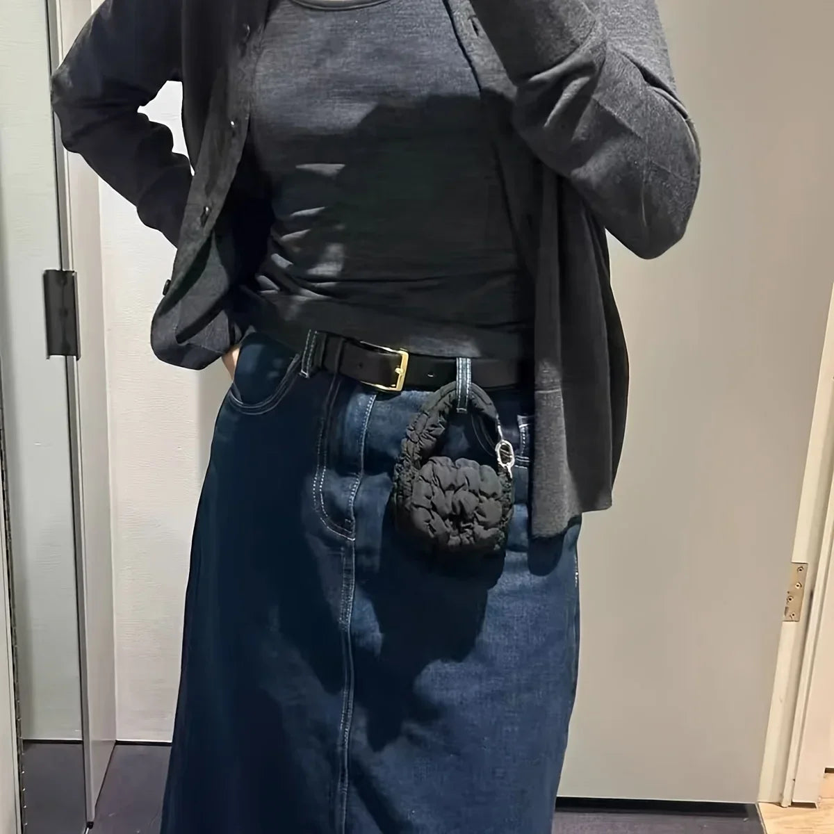 Mini Bag Edgy Black Mini Cloud Waist Pack Lightweight Solid Secure Button Closure with Decorative Coin Purse and Headphone Bag