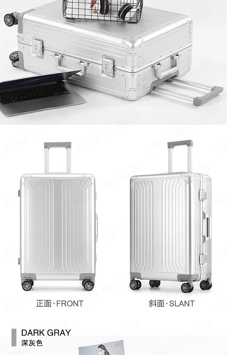 2025 All aluminum travel suitcase on wheels combination lock rolling luggage case Men's Business large size luggage Hand luggage