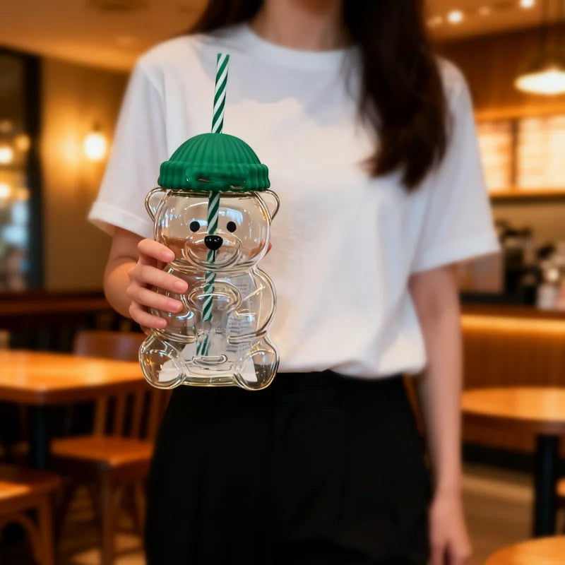 "Barista Bear Tumbler: Clear Bear Straw Cup, Perfect for Hot & Cold Drinks – The Cutest New Drinkware Trend"