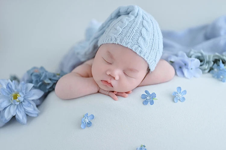 Blue Love Photography Theme Wrapping Props Knitted Night Cap Artificial Flower Photo Decoration Prop Studio Shooting Accessories
