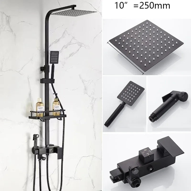 KEMAIDI Rainfall Bathroom Shower Faucet Set With Rack Shelf Bathtub Mixer Tap Black Wall Mounted Brass Bath Cabin System