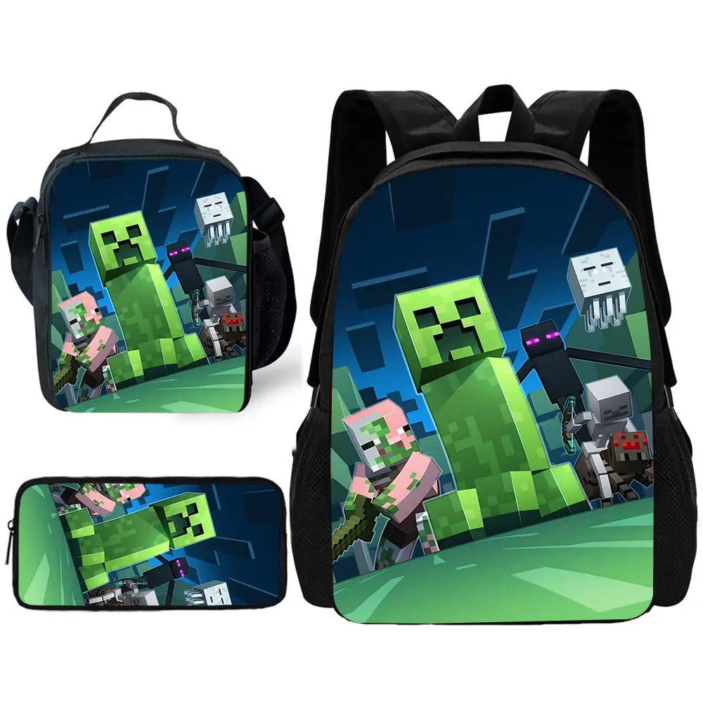 Child School Backpack Game Mine World M-MINE-CRAFTES with Lunch Bags ,Pencil Bags ,School Bags for Boys Girls Best Gift
